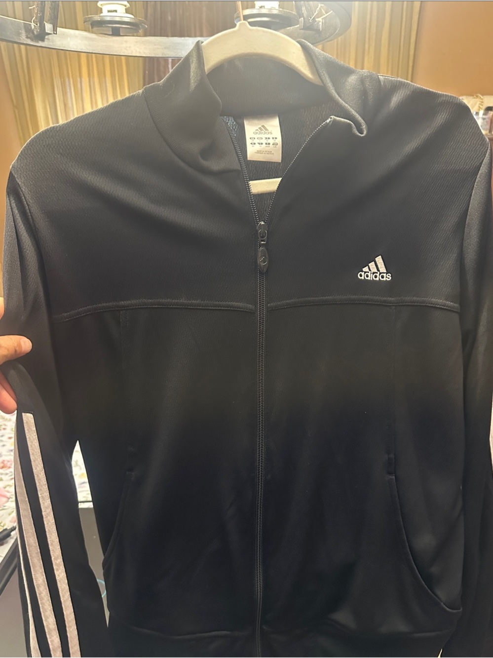 adidas Woman’s Black Track Jacket with White Sleeve Stripes Size L